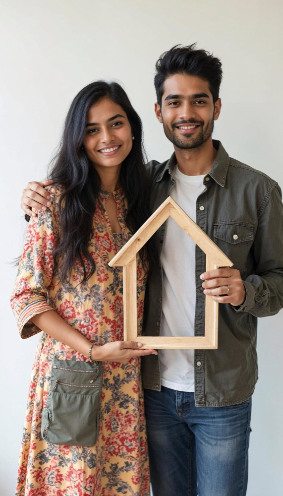 A smiling couple standing together, holding a wooden house-shaped frame, symbolizing home ownership or future housing plans.