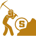 Gold icon of a person mining with a pickaxe next to a block containing a dollar sign, symbolizing financial effort or wealth creation.