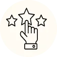 Hand icon pointing to three stars, symbolizing ratings or reviews.