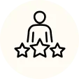 Person icon with three stars below, representing user ratings or customer satisfaction.
