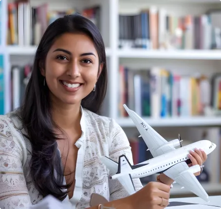 Smiling woman holding a toy airplane in an office or library setting, surrounded by shelves filled with books.