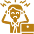 Gold icon of a stressed person holding their head, surrounded by symbols indicating frustration, with a briefcase beside them, representing stress or work-related pressure.